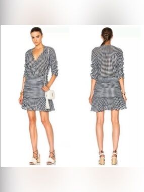 Veronica Beard Campbell Gingham Ruched Pleated Mini Dress Size 2 Navy Blue White